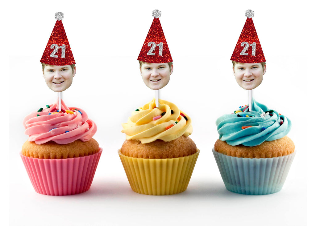 Photo cupcake toppers with party hat on top