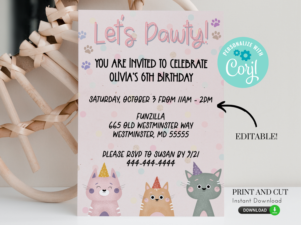 Editable and printable let's pawty invitation for cat lovers
