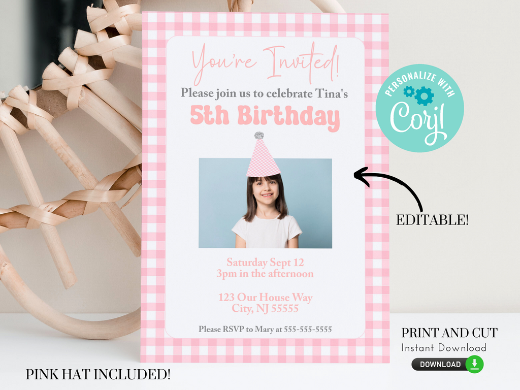 Editable pink gingham birthday party invitation with photo and party hat