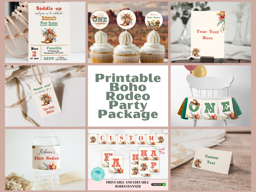 Printable and editable boho rodeo first rodeo party package