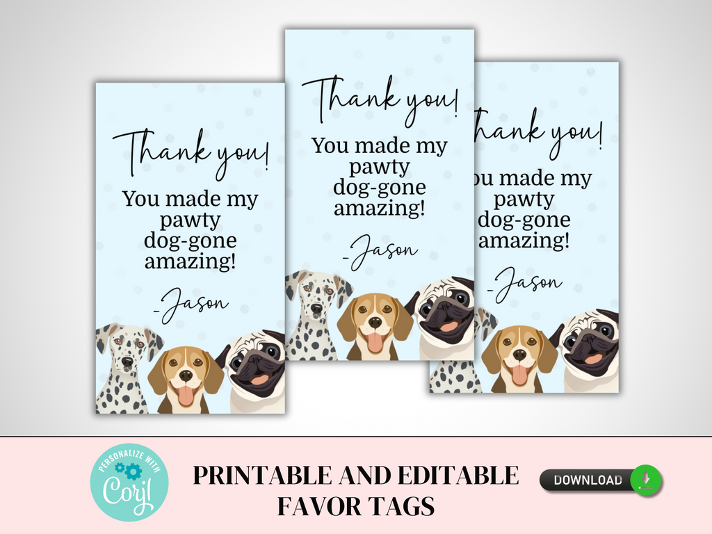 blue let's pawty tags with dalmation, beagle and pug