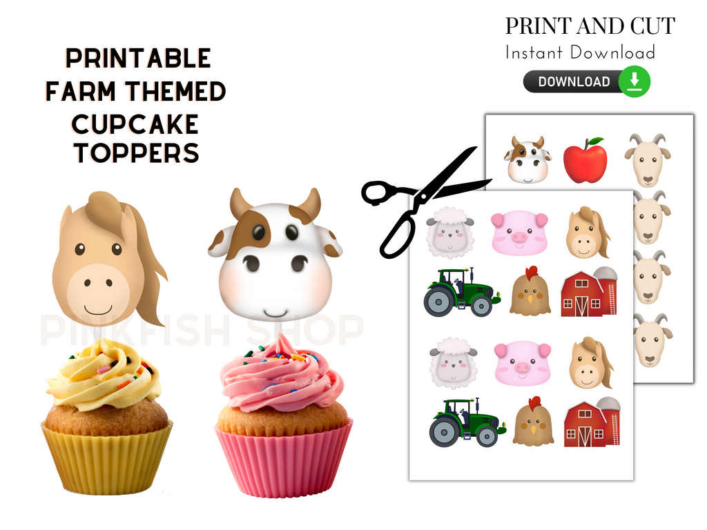 Printable Farm themed cupcake toppers with cow, apple, goat, pig, sheep, tractor, chicken, and barn