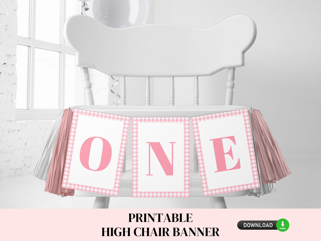 Capture the sweetness of your little one's first birthday with our Printable Pink Gingham High Chair Banner. This charming banner features a delightful pink gingham design, adding a touch of joy and celebration to your child's special day. Easily customizable and perfect for creating memorable moments. Get yours today and adorn the high chair in style!