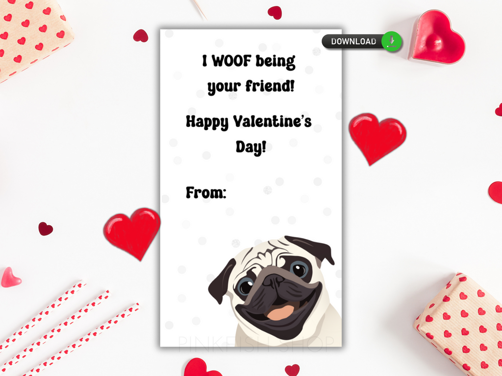 Printable pug valentine's day card