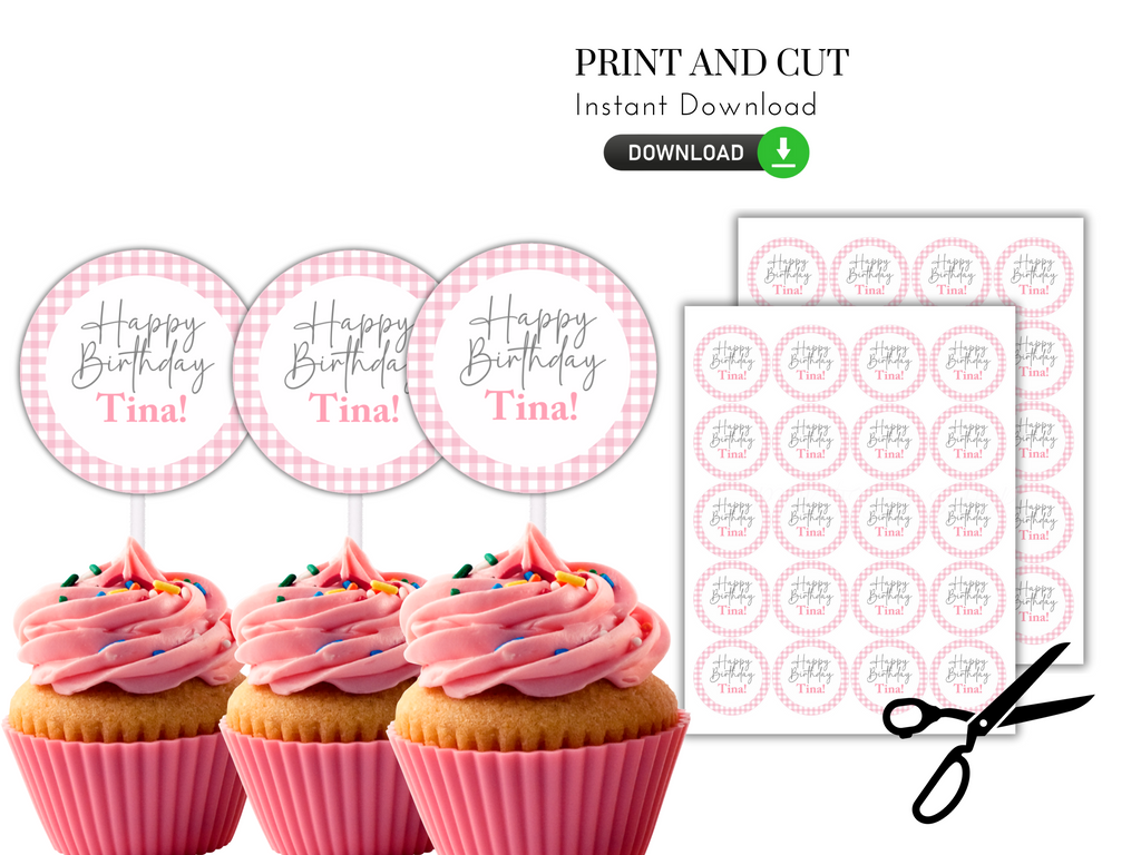 pink gingham circle cupcake toppers for baby shower or birthday party