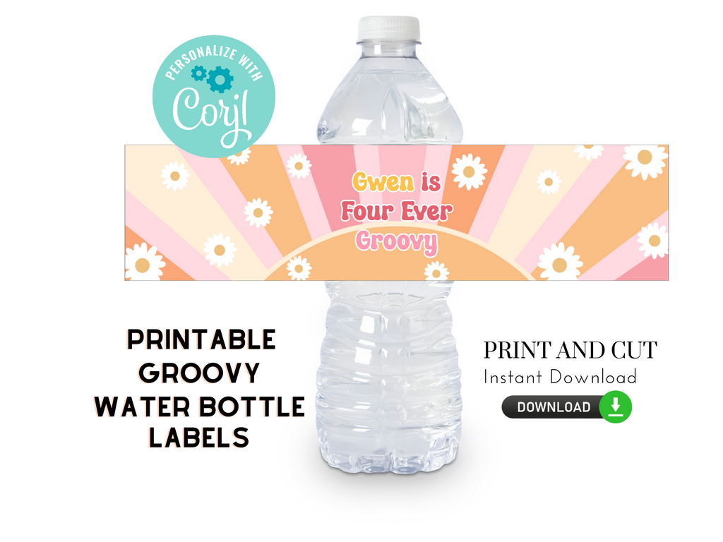 Printable and editable groovy water bottle labels