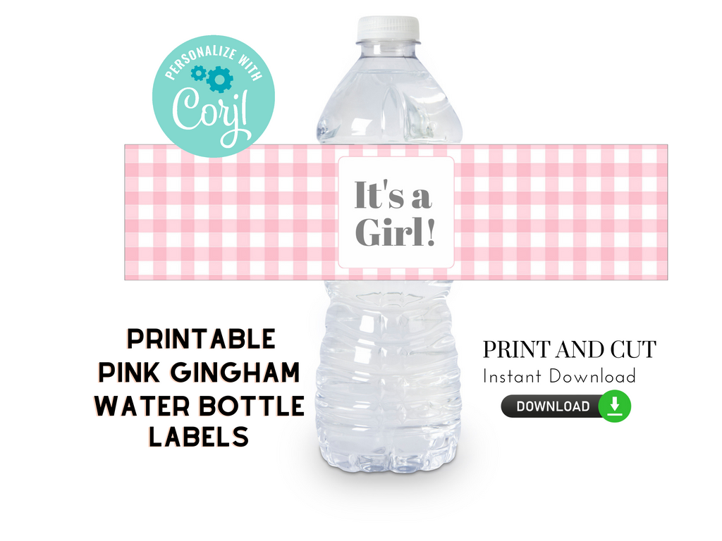 Printable pink gingham water bottle labels