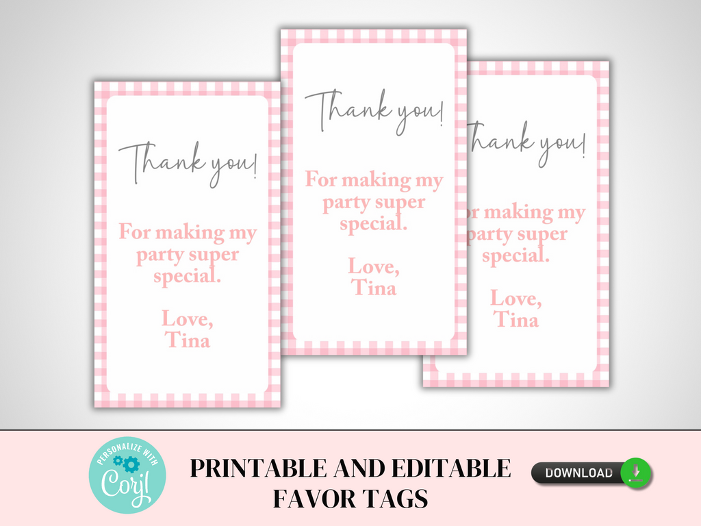 Printable and editable pink gingham favor stickers