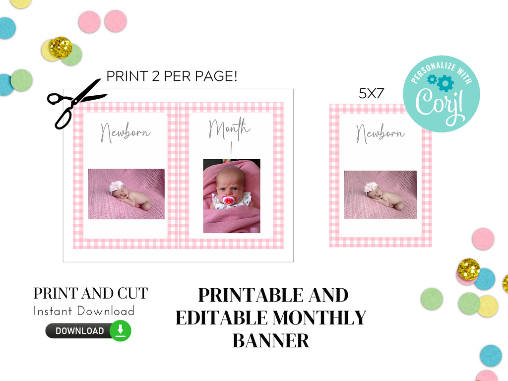 Printable and editable pink gingham monthy banner