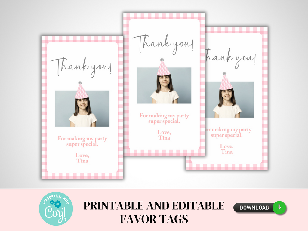 Printable pink gingham favor stickers with photo