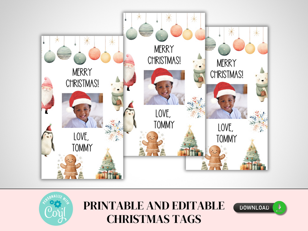 Printable and Editable Christmas Tag with Photo and Santa Hat