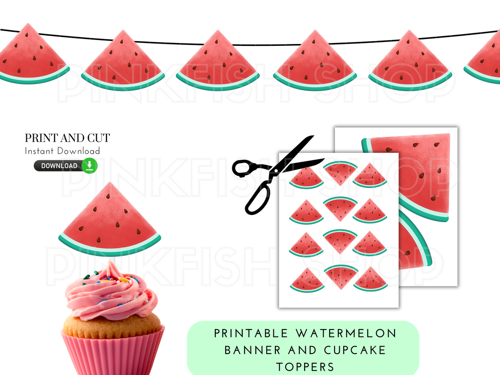 Printable watermelon cupcake toppers and banner for one in a melon party