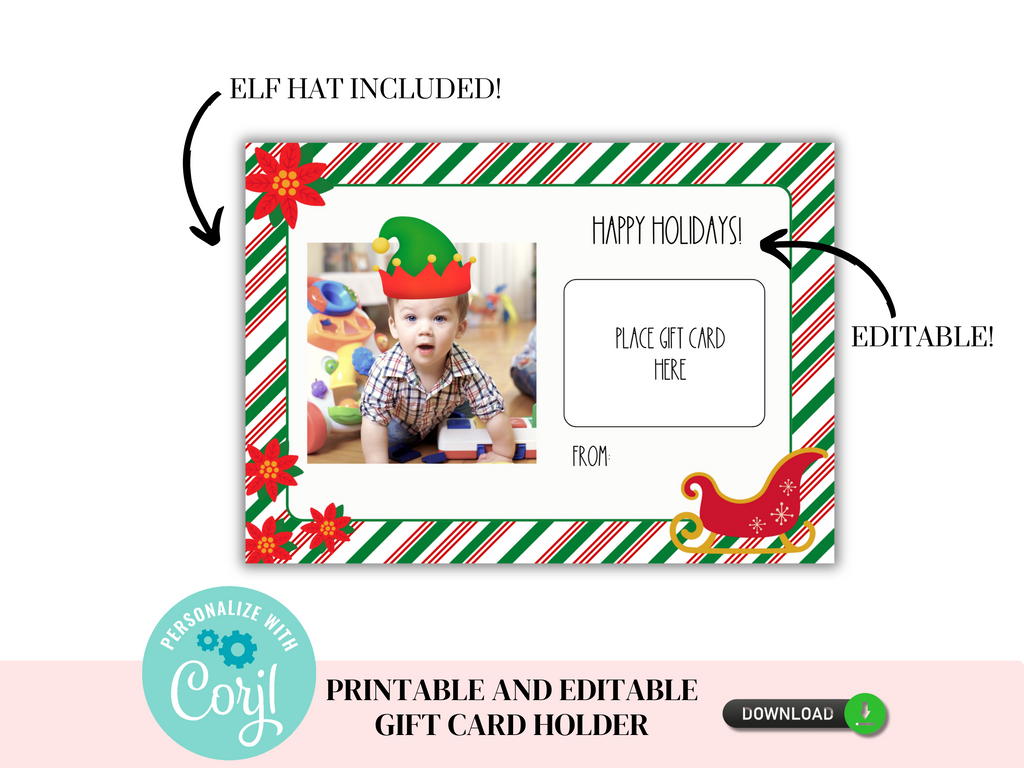 Printable and Editable gift card holder with photo and elf hat