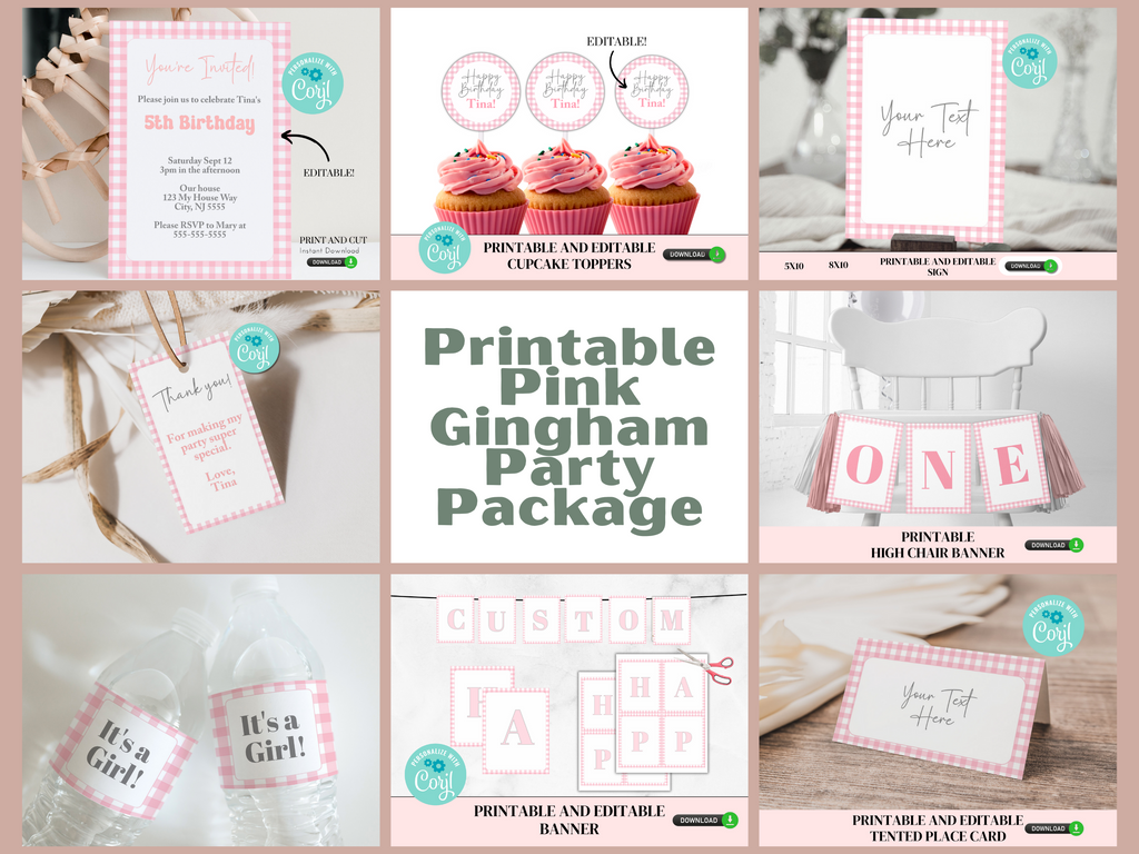 Printable and editable pink gingham party decorations