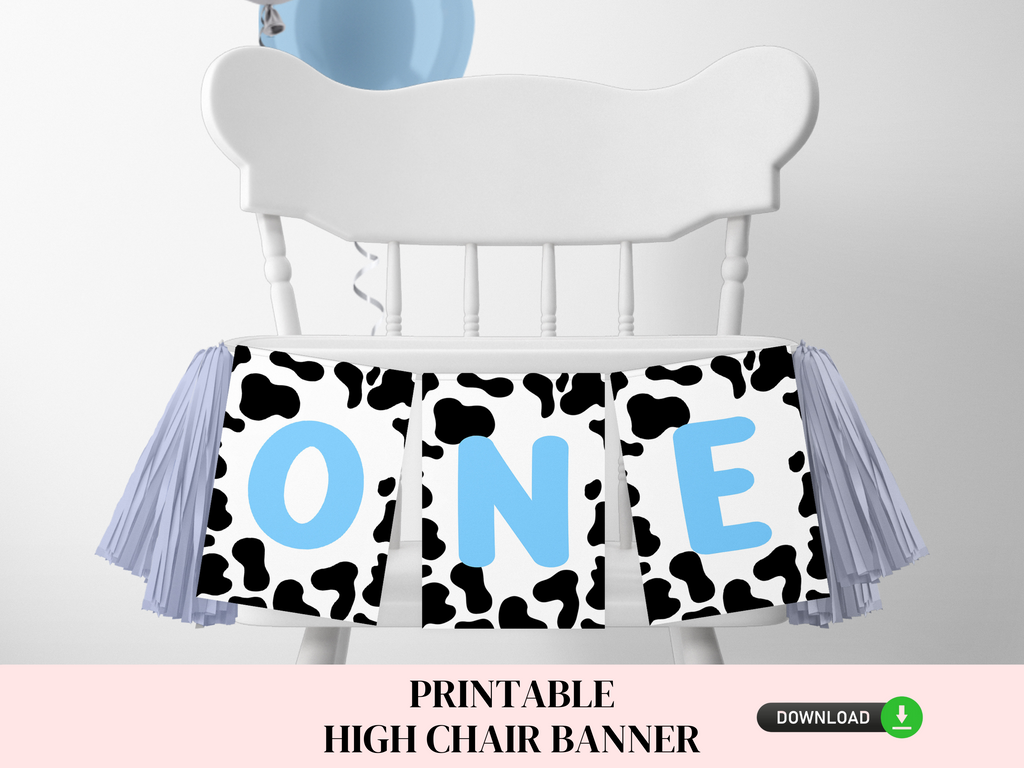 Printable cow print high chair banner in blue