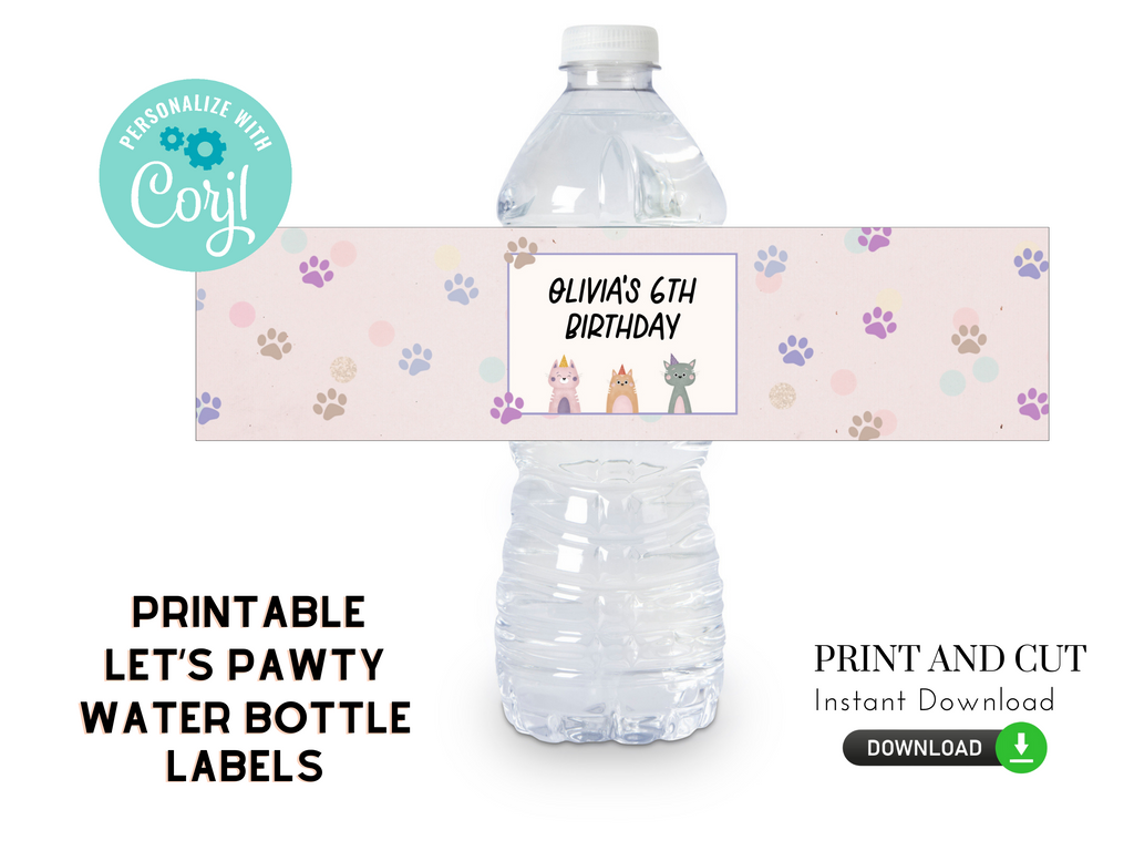 Printable and Editable Let's Pawty Water Bottle Label