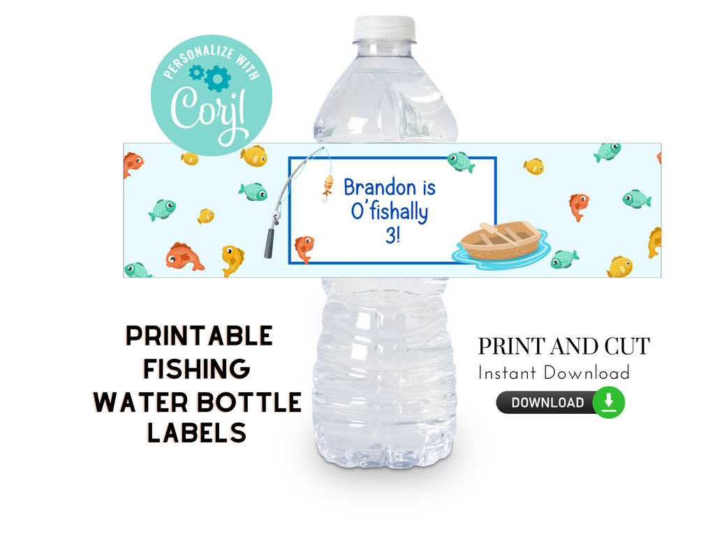 Printable and editable fishing-themed water bottle labels for DIY printing and cutting at home.