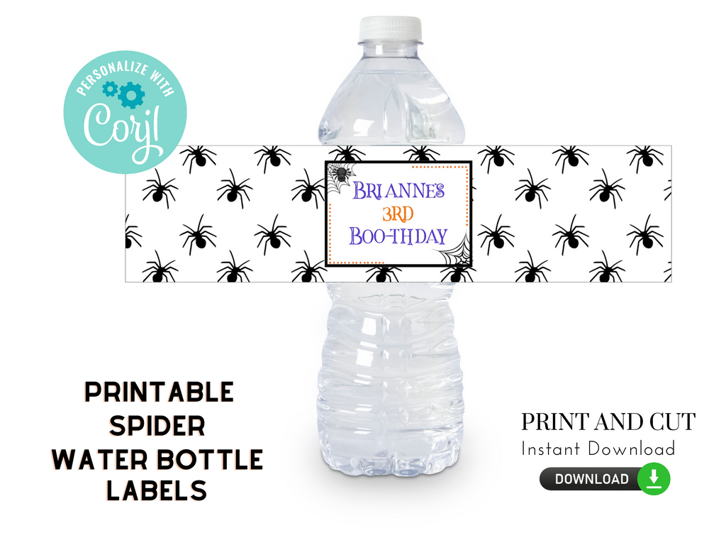 Editable and printable spider themed water bottle label