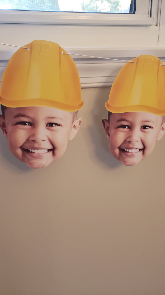 Personalized face garland with a yellow hard hat