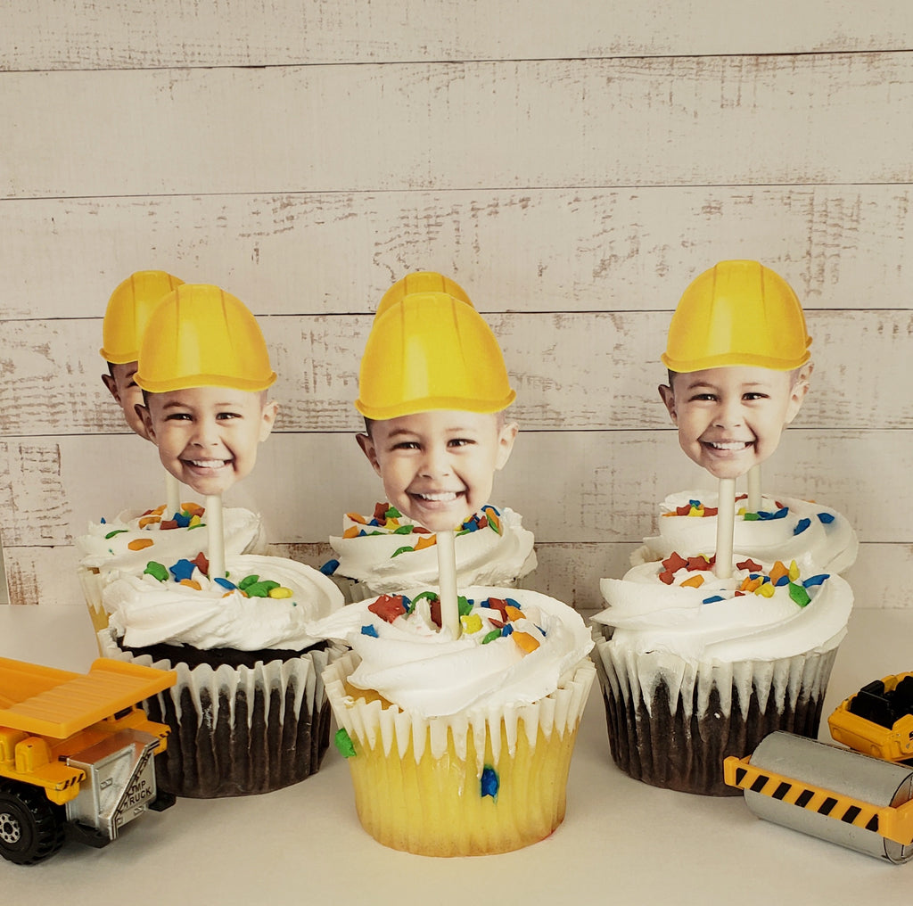 Face cupcake toppers with construction hat for construction party
