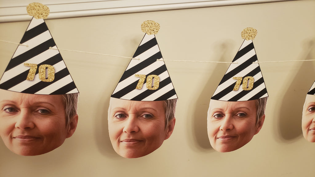 70th Birthday Face Banner with Black and White Hat
