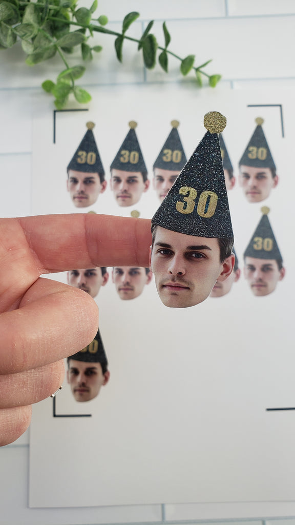 Face Stickers Customized with Face and Black Glitter Party Hat