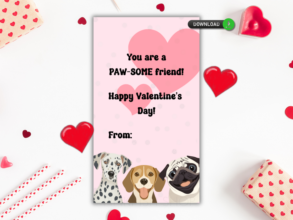 Printable pug dalmation and beagle valentine's day card