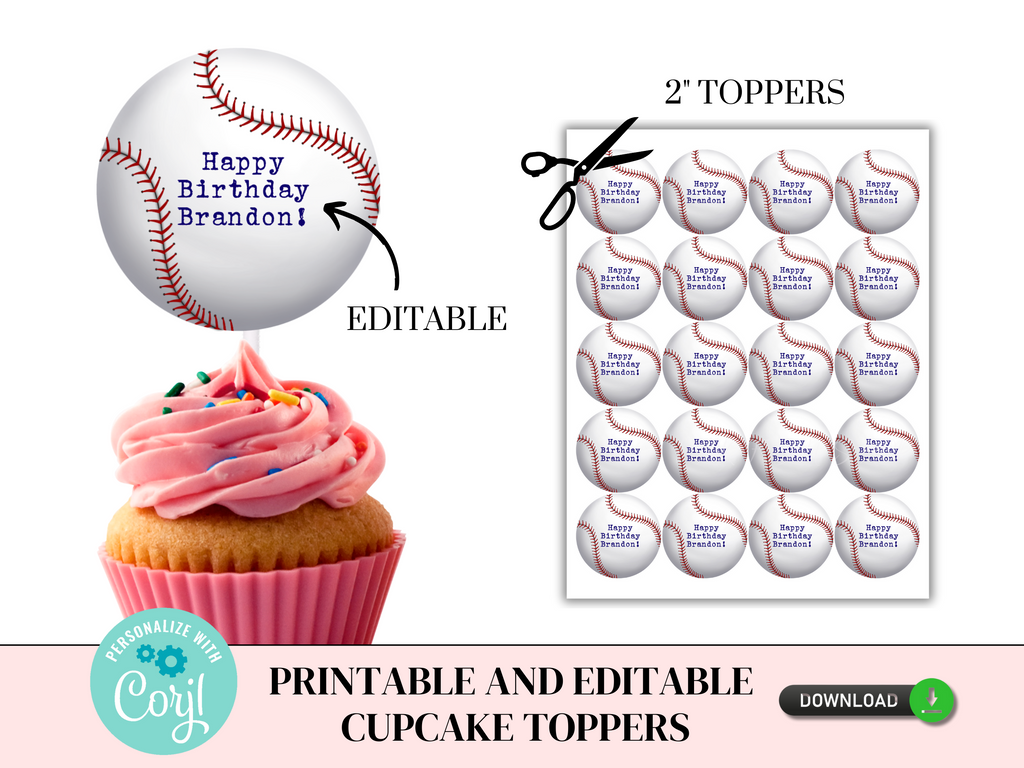 Printable and Editable Baseball Cupcake Toppers