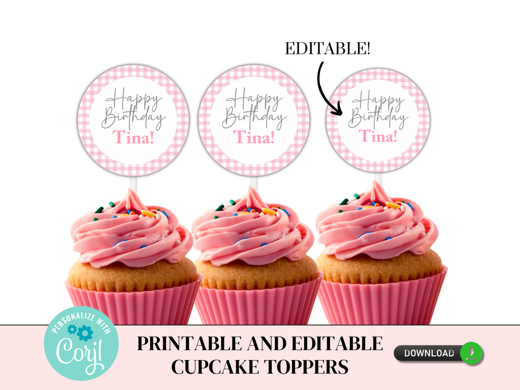 Printable and editable pink gingham cupcake toppers