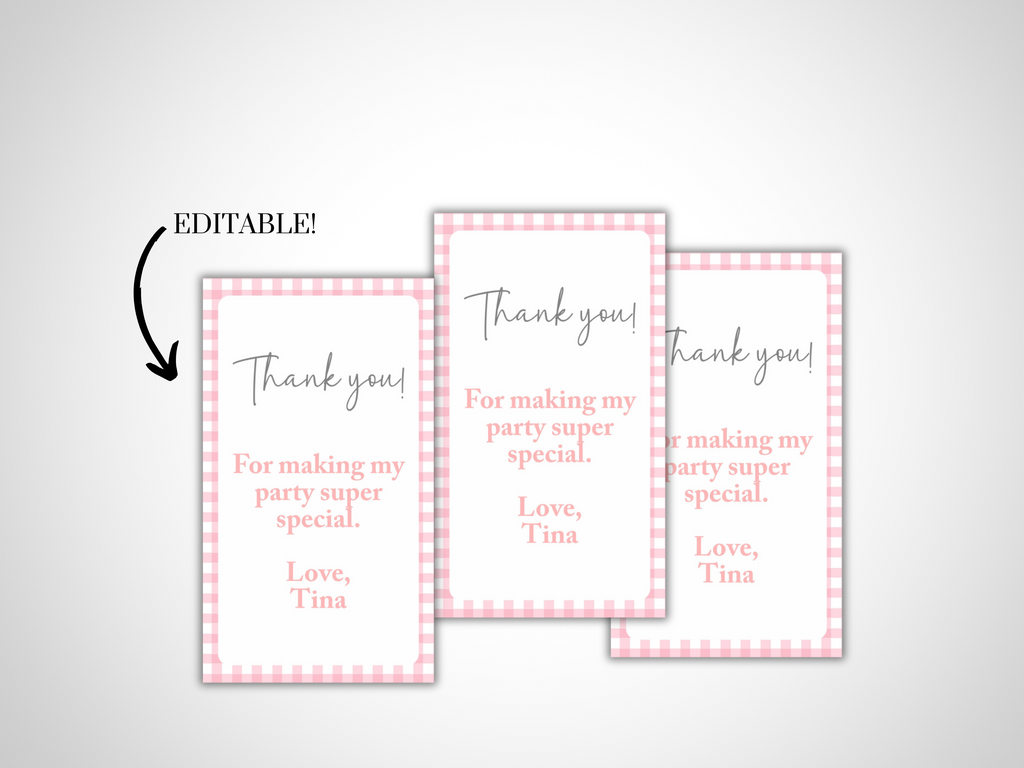 Printable and editable pink gingham favor tags for girly birthday party