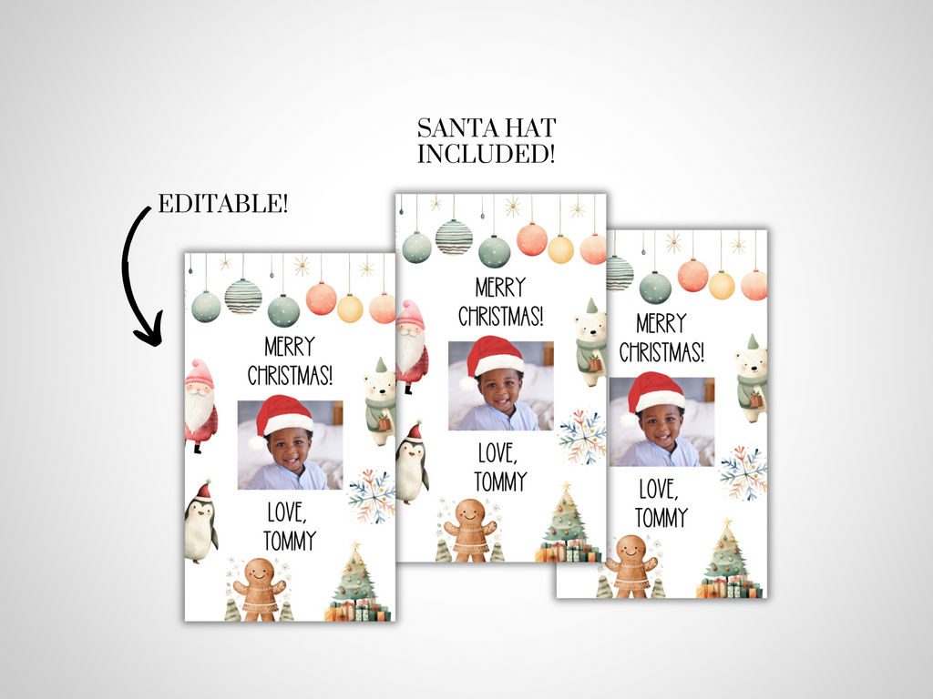 Printable and Editable Christmas Tag with Photo and Santa Hat