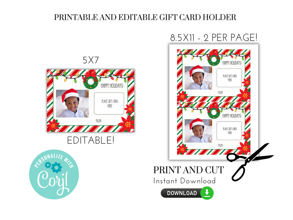 Printable and Editable Gift Card Holder with Photo and Santa Hat