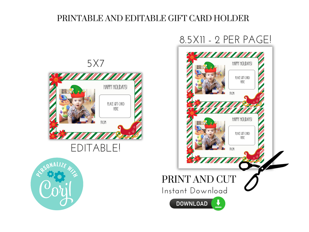 Printable and Editable Photo Gift Card Holder with Elf Hat
