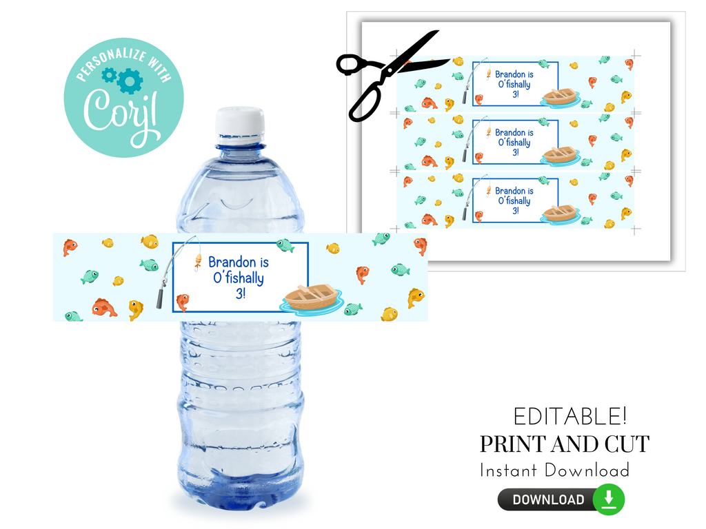 Printable and editable fishing-themed water bottle labels for DIY printing and cutting at home.