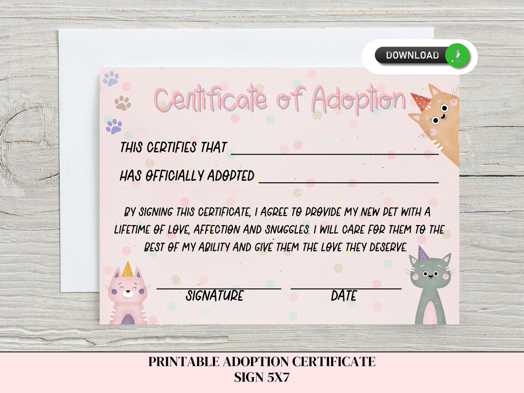 Printable Certificate of Adoption for Pet Pawty (5x7)
