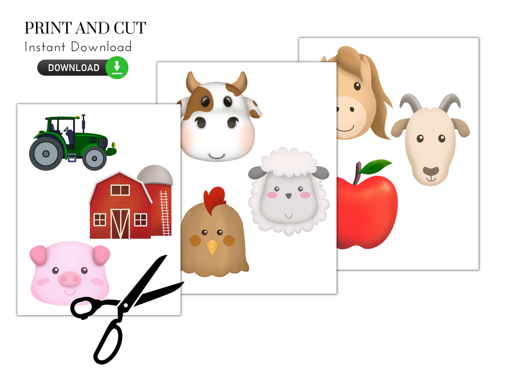 Print and cut cow, horse, chicken, pig and tractor centerpeices.