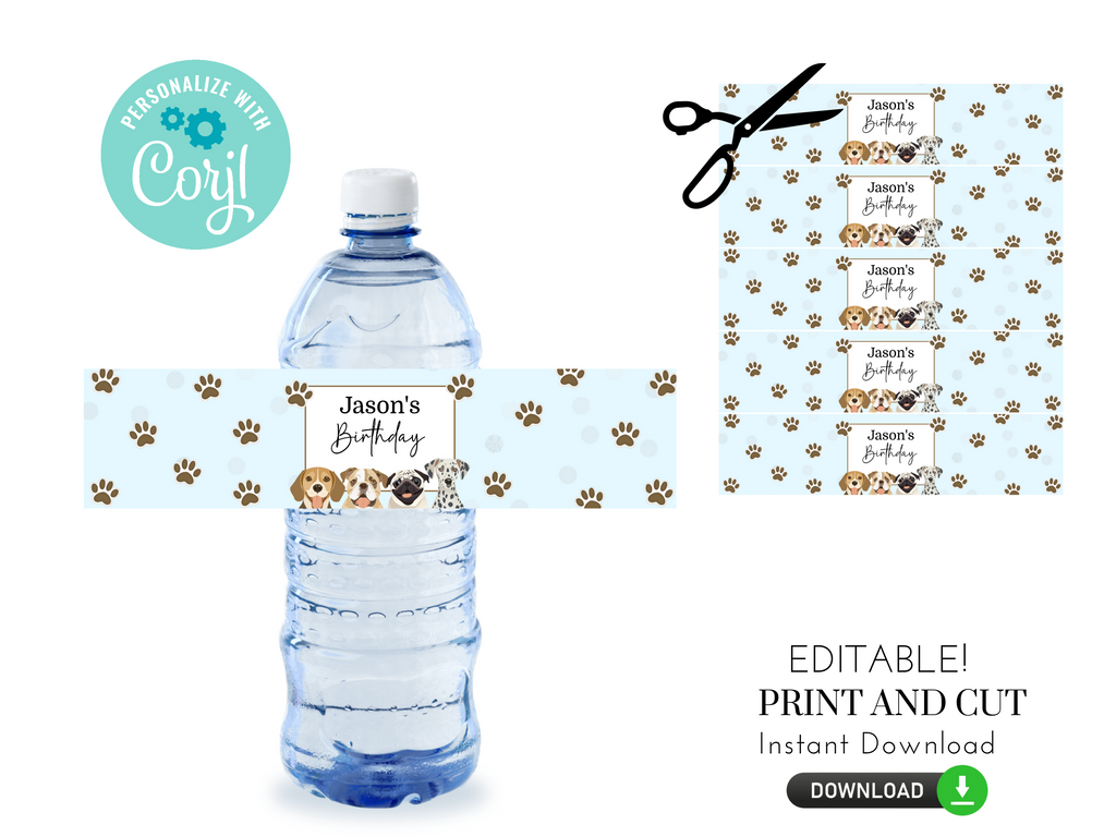 Printable and Editable Let's Pawty Water Bottle Labels