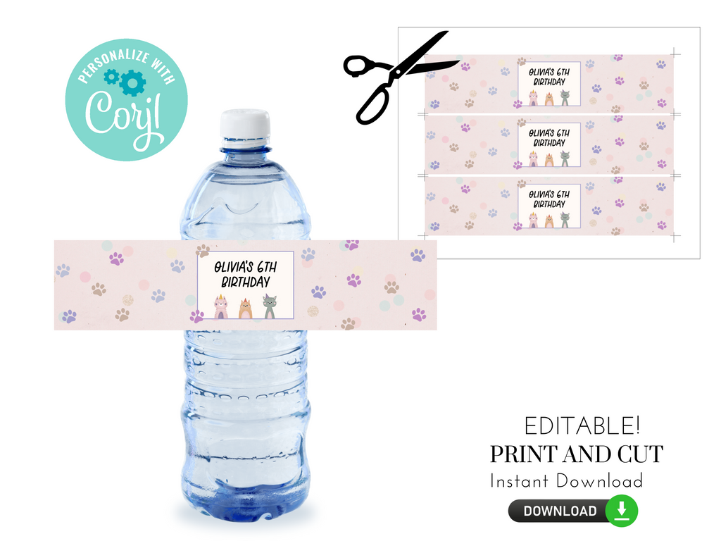 Printable and Editable Let's Pawty Water Bottle Label