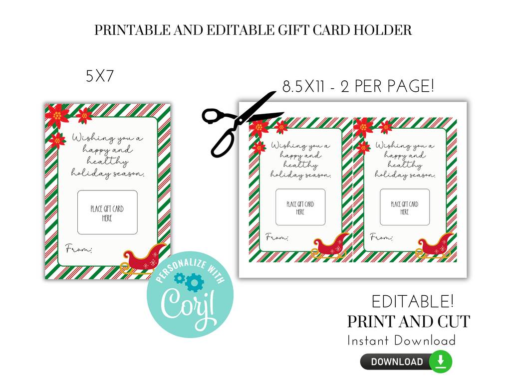 Printable and Editable Holiday Gift Card Holder