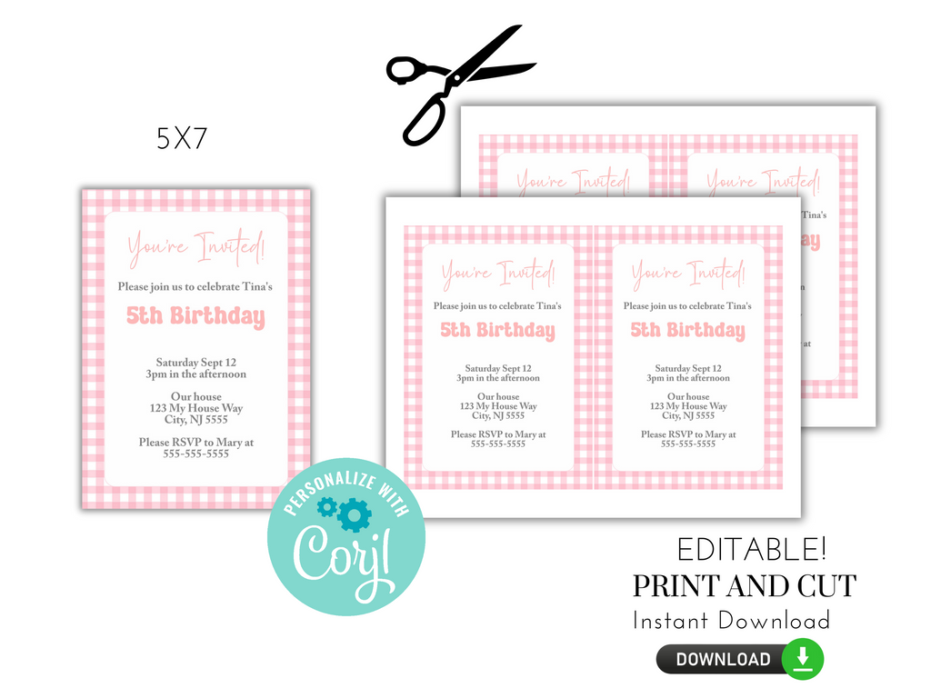 Pink printable invitation for birthday party or baby shower