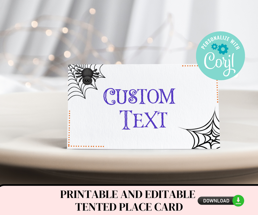 Printable and editable spider themed place cards for Halloween birthday party or baby shower