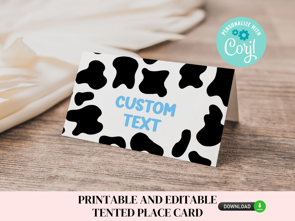 Printable and editable cow print place cards