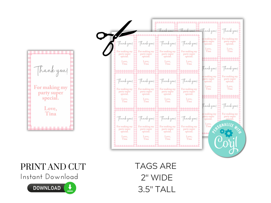Printable and editable pink gingham favor tags for baby shower