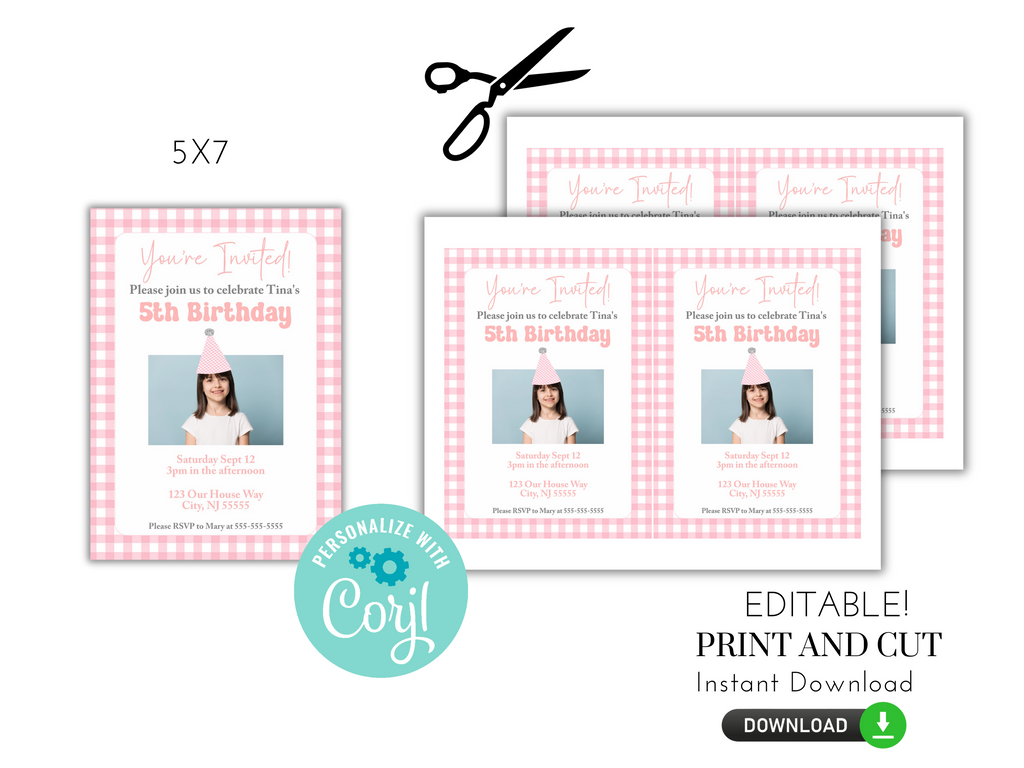 Printable and editable pink gingham invitation