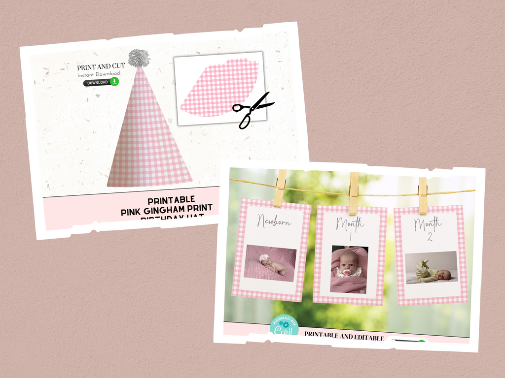 pink gingham party hat and monthly banner