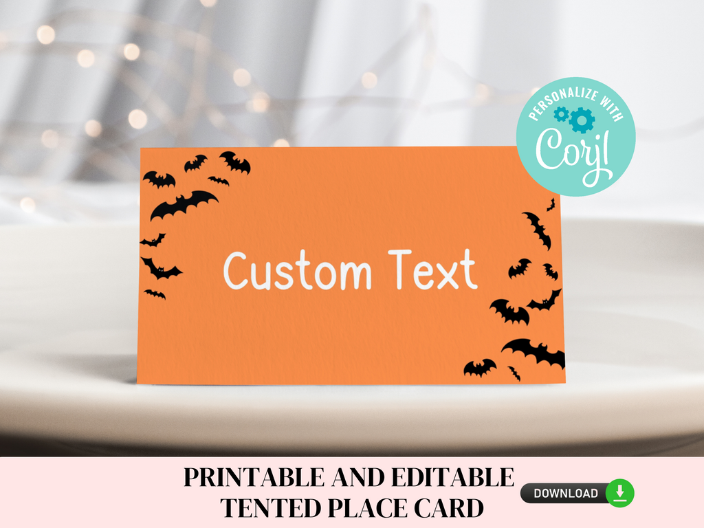 Printable and editable bat place cards for Halloween Party