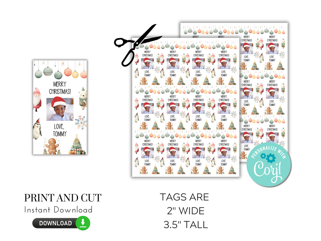Printable and Editable Christmas Tag with Photo and Santa Hat