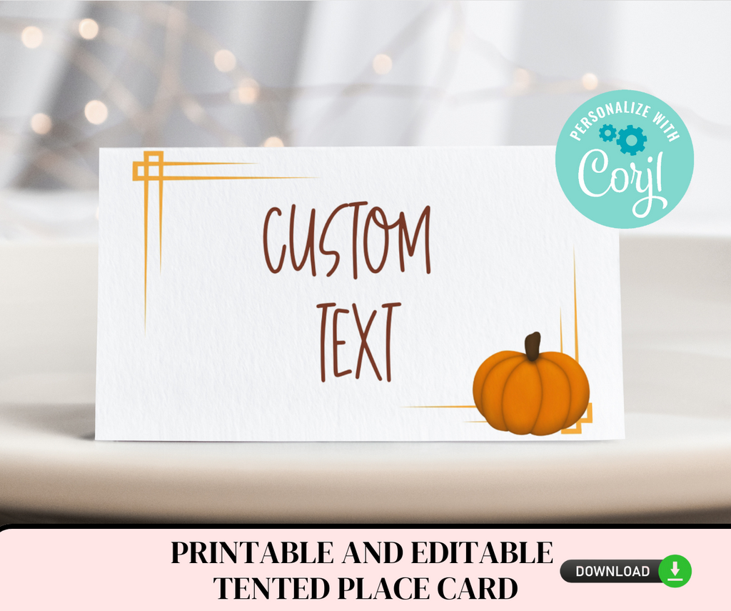 Printable and editable pumpkin place card for Halloween or Thanksgiving party