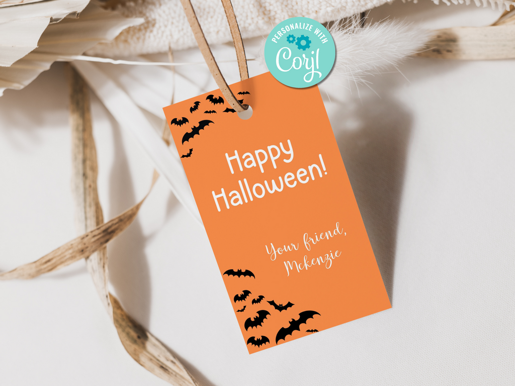 Printable and Editable bat themed treat bag tags for Halloween Party. Sized 2" wide by 3.5" tall