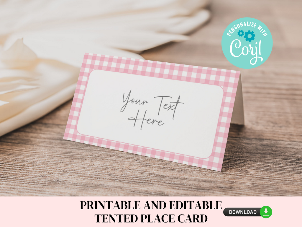 Printable and editable pink gingham place cards
